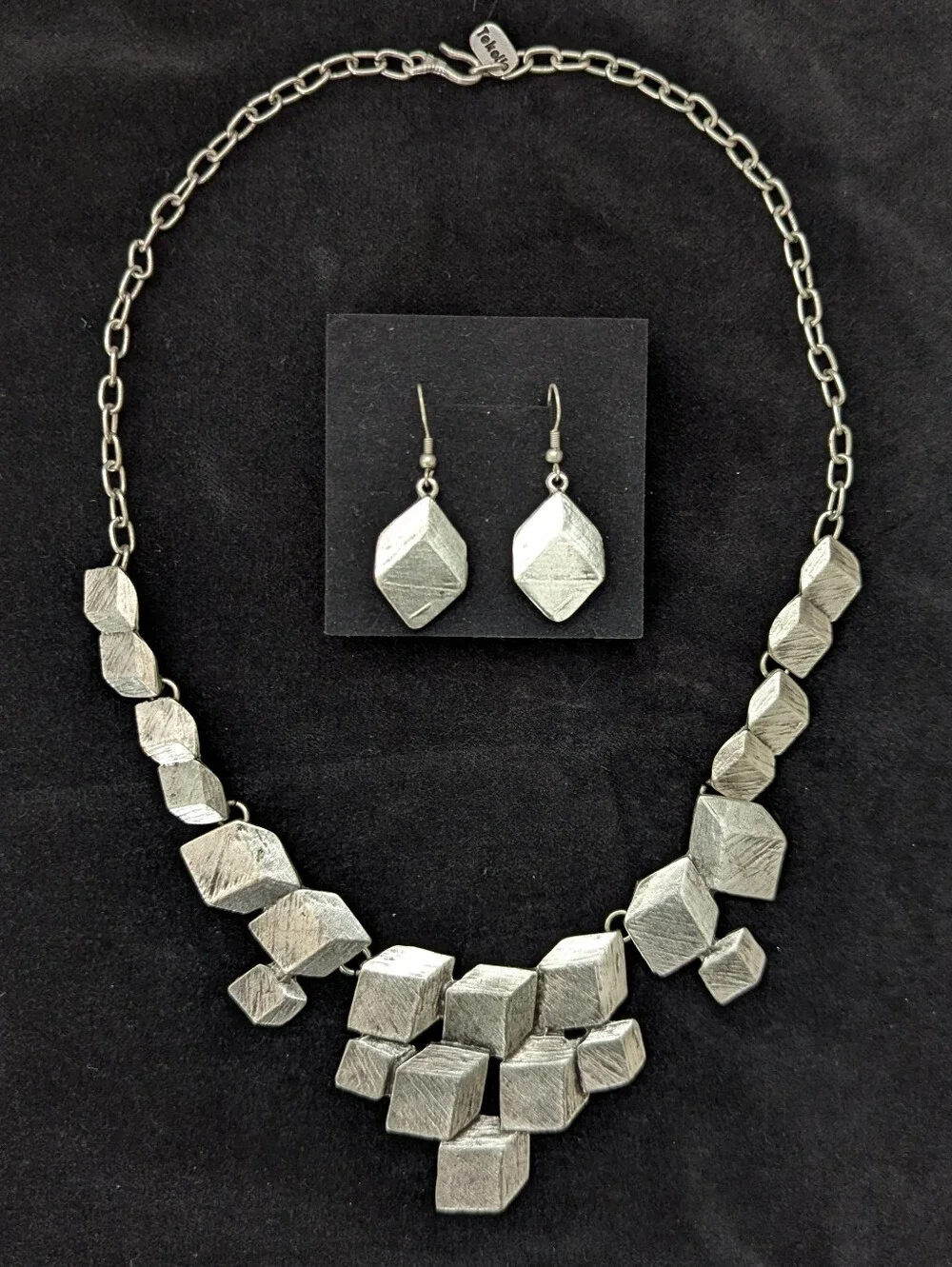 Silver Tone Geometric Statement Necklace & Earrings Set Chunky